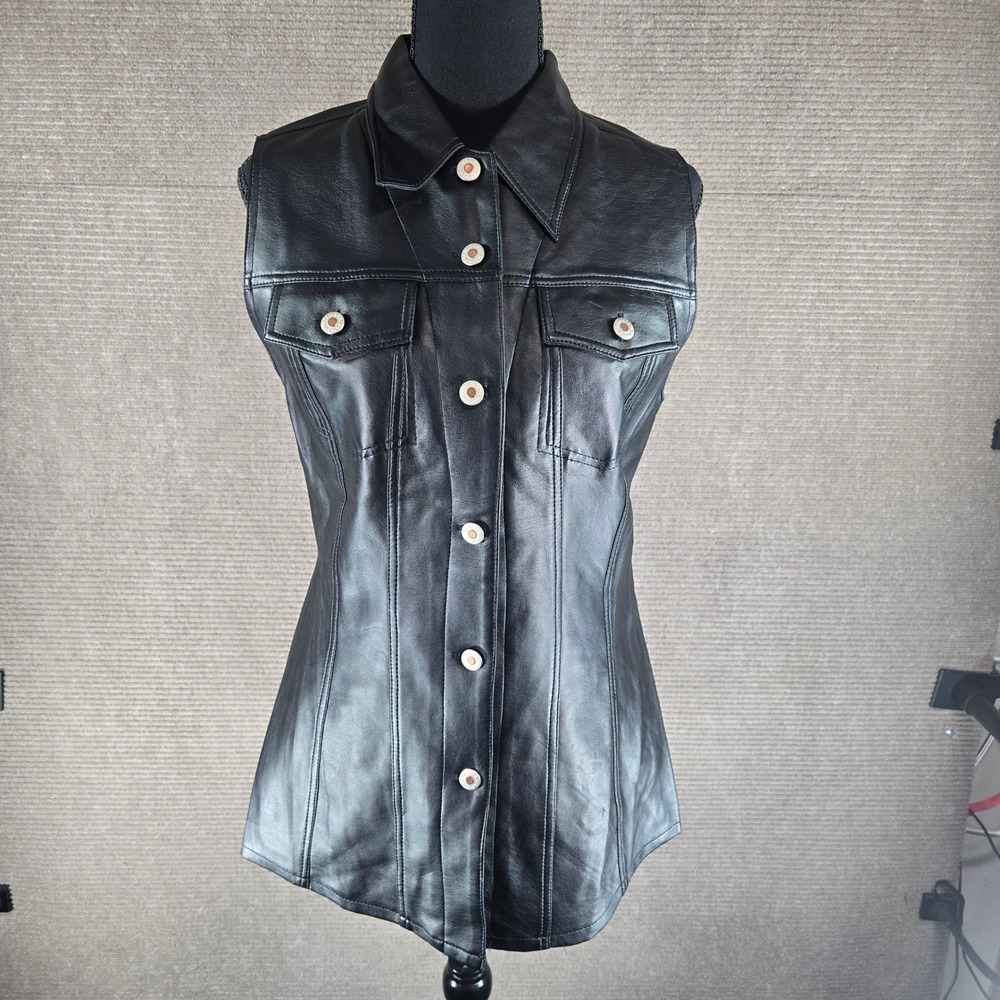 Highway Womens S Black Faux Leather Button Front Biker Moto Vest